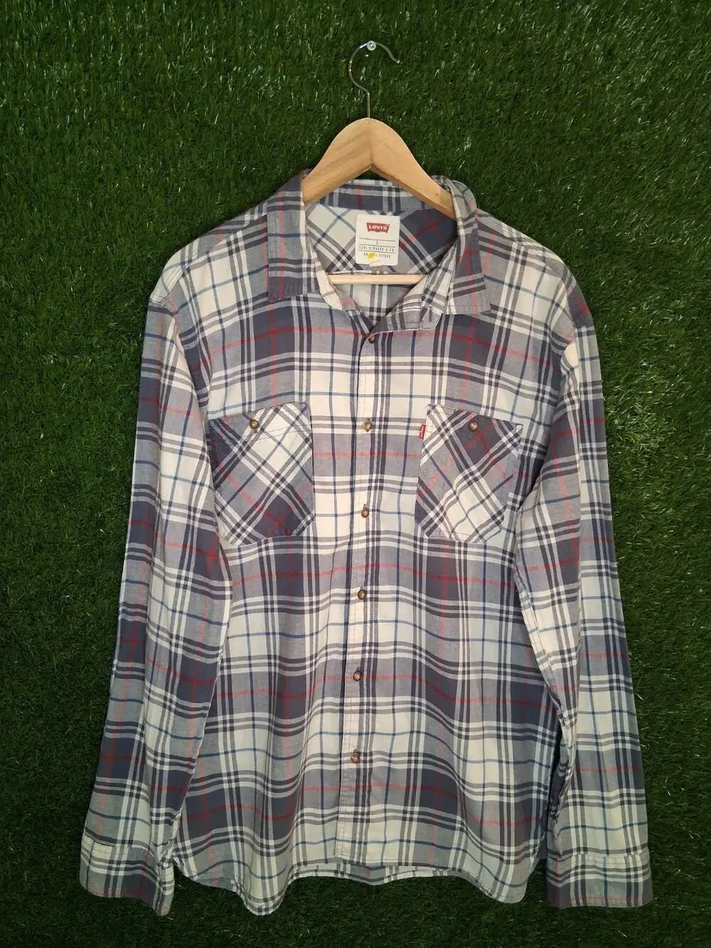 Levi’s Men’s Large L Plaid Flannel Shirt Long Sleeve Button Down Blue Red White